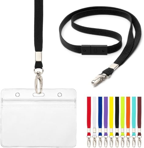 Snodd med korthållare 10 st brytsäkra halsband med grepptätning genomskinliga vattentäta hållare ID namnbricka plast plånbok märken för arbete ID affärsevenemang rymmer 9 x 6,8 cm (svart)