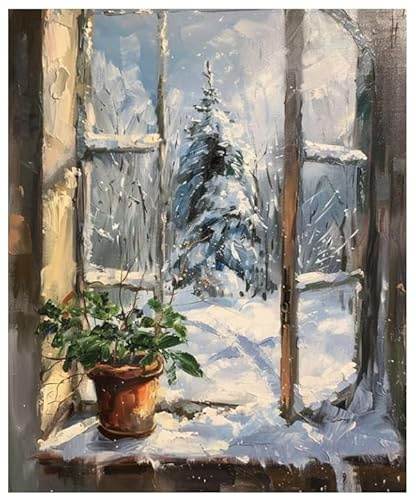 ZMHZMY Malen nach Zahlen Erwachsene,Fensterbank-Winter-Schnee-Szene 40 x 50cm DIY Handgemalt Ölgemälde Kits auf Leinwand Geschenk für Weihnachten Geburtstag, Home Haus Deko