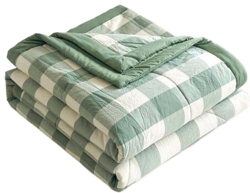 Sommer/Frühling Tagesdecke Bettüberwurf Baumwolle Blau Grün 220x240Cm, Steppdecke Patchwork Wendedesign Kariert, Beige Bedspreads Bettdecke Doppelbett Unterfüttert Und Gesteppt Stepp Decke ( Color :