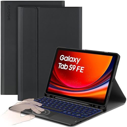 CACOE Cover con Tastiera per Samsung Galaxy Tab S10 Lite / S10 FE / S9 FE/S9 10.9/11 (2025/2023) con Touchpad, Custodia con Portapenne Tastiera Wireless Staccabile con Illuminazione a 7 Colori, Nero