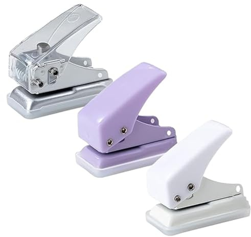 GIONAR 3 Pcs Single Hole Punch, Mini Hole Punch, Hole Puncher for Crafts, Punch 10 Sheets at a Time, With Paper Scrap Collection Trough(White&Purple&Transparent）
