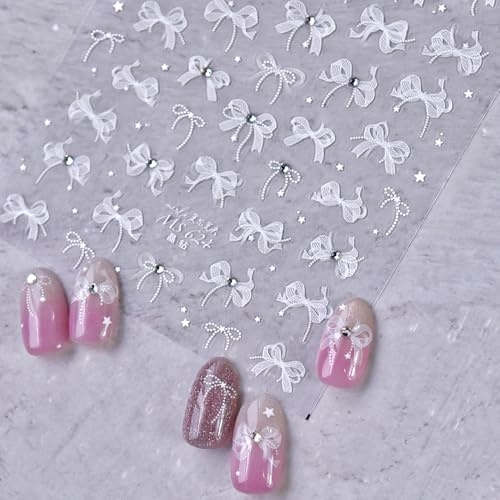 Weiß Spitze Schleife Nagelsticker Selbstklebend Niedlich Bögen Strasssteine Nageldesign Nail Sticker Kristall Diamant Schleifenknoten Bänder Nagel Sticker Bow Ribbon Nagel Deko Nagelaufkleber Nail Art