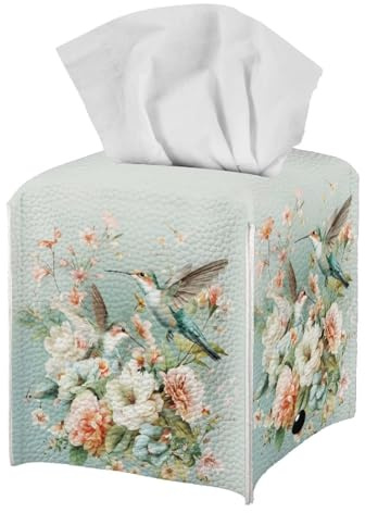 ZOUTAIRONG Flower Hummingbird Tissue Box Cover Leather Square Tissue Holder Dispenser Tissue Storage Box Cube Organizer for Bathroom Bedroom Holiday Decor Tissue Case Spring Floral Birds Aqua