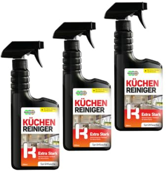 Germanio® Küchenreiniger – Extra starke Formel in 2 x 500 ml Sprühflaschen + 1 x Gratis, sofort einsatzbereit für mühelose Reinigung von Grillrost, Backofen, Gasgrill und Edelstahl