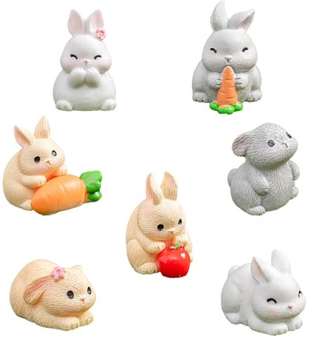 Falafoty 7Pcs Rabbit Figures Toys Bunny Cake Topper, Miniature Rabbit Ornament Easter Bunny Figurines Easter Decoration, Rabbit Fairy Garden Moss Landscape DIY Playset Kids Birthday Party Supplies