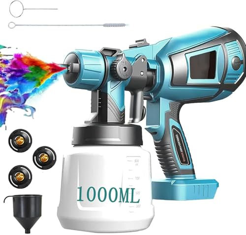 Akku Farbsprühsystem,kompatibel mit Makita 18V Akkus, Elektro Lackierpistole Farbsprühpistole mit 3 Düsen, 3 Spritzmuster,1000ml farbsprühgerät,zum Streichen von Wänden Gartenzaun（ohne Akku）