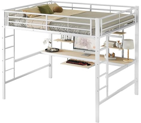Zenithpath Hochbett, 90 * 200 cm, Bettgestell Metallbett, Eisenbett, Hochbett mit Schreibtisch und Zwei Bücherregalen für Kinder, Jugendliche und Erwachsene, Weiß (140×200 cm)