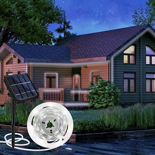 Aitesuo Solar LED Strip 5m, Kaltweiß 6000K Solarbetriebene LED Streifen Außen mit Fernbedienung, 320 LEDs, Dimmbar, 8 Modi, Schneidbar, IP65 Wasserdicht, Selbstklebend für Garten, Terrasse, Balkon