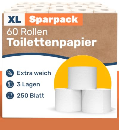 60 Rollen Toilettenpapier 3-lagig – 250 Blatt pro Rolle - Toilettenpapier B-Ware – Vorratspackung