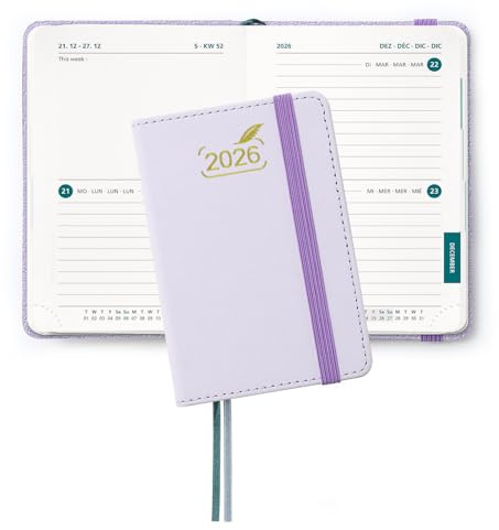 BEZEND Petit Agenda 2026 de Poche 12 x 8 cm Bi-Journalier 2 Jours par Page, Agenda 2026 Semainier avec Couverture Rigide en Cuir PU, Lilas