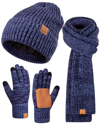 Winter Hat Gloves Scarf Set for Men Women, Mens Beanie with Fleece Lined Long Thick Scarf Touchscreen Gloves for Cold Weather, 3 in 1 Warm Gift Set(A-12)