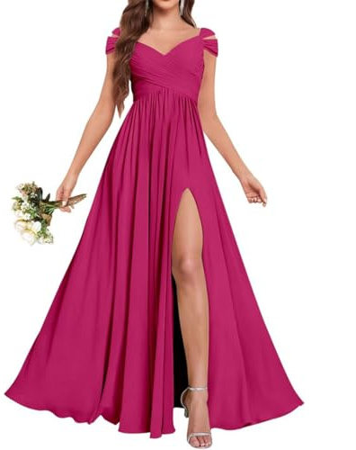 Vestidos de dama de honor de chifón para mujer, de SAYNO, para boda, con arrugas, de noche, de graduación, de cóctel, talla Plus, fucsia, 48
