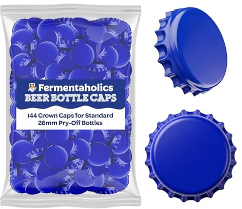 Fermentaholics Blue Beer Bottle Caps - 144 Count Oxygen Absorbing Bottle Lids – 26mm Crown Caps for Homebrewing Beer, Cider, Soda, DIY Crafts and more – Fits Standard American Pry-Off Bottles