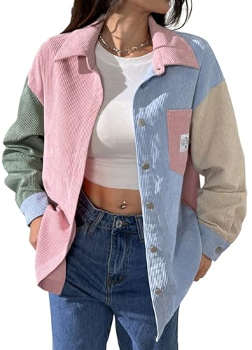 GORGLITTER Chemise élégante en velours côtelé pour femme - Manches longues - Boutonnée - Avec poches - Coupe ample - Veste de loisirs - Veste en velours côtelé avec boutons, Rose, M