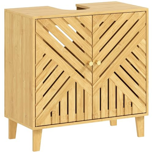 HOMCOM Mueble bajo Lavabo de Bambú, 2 Puertas Lamas 60x30x60 cm Natural | Mueble de Baño, Estante Ajustable, Estilo Nórdico, Armario de Baño para Lavabo sin Pedestal