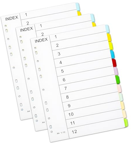 File Dividers A4, 3 Pcs Folder Dividers, 12 Part Coloured Tabs, 29.7 x 22cm | A4 Part Dividers for Ring Binders Binder Dividers Folder Dividers for Lever Arch Files