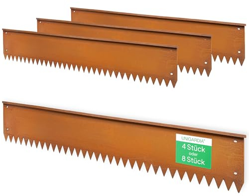 UNIGARDIA Rasenkante aus Cortenstahl, 4 m (4 Stück) - 1 cm breiter Rand - Robuste Metall-Beetkante 15 cm hoch für Wege & Beete - vorgerostete Beetbegrenzung für gerade Linien