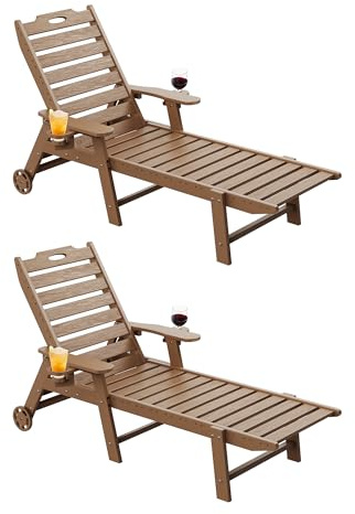 Carauci Lounge Chair Outdoor Set of 2, HDPE Chaise Lounge with Wheels, 5-Position Adjustable Backrest & 2 Cup Holders Patio Lounge Chair, All-Weather Pool Sun Lounger for Poolside, Backyard, Teak