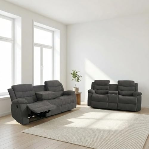 Set Divano 3+2 Posti Reclinabile in Tessuto Grigio con Portabicchieri Integrati, Stile Moderno per Soggiorno e Home Theater