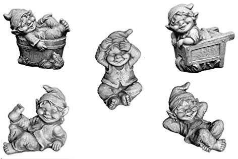 gartendekoparadies.de 5er Set Gnom Familie, Steinfigur Wichtel, H. 13-17 cm, 12 kg, Grau, frostsicher aus Steinguss für Außenbereich