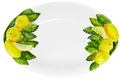 Lashuma Bol de service ovale en céramique faite à la main - Motif citron - 38 x 26 cm - Profondeur : 6 cm