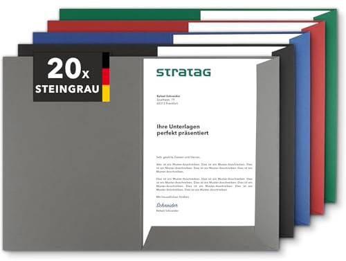 Präsentationsmappe A4 Steingrau (20 Stück) - sehr stabiler 350 g/m² Naturkarton - Dokumentenmappe A4 direkt vom Hersteller STRATAG - Urkundenmappe für Angebote, Exposés, Projekte & Geschäftsberichte