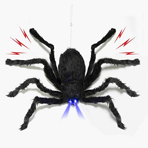 Prextex Animated Spider Halloween Decorations | Giant Scary Dropping Spider w/SpookyNoises & LED Eyes | Halloween Garden & Party Decorations, Battery Operated Animated Haunted House Decor (76cm)