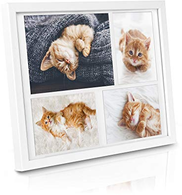bomoe Bilderrahmen Collage für 4 Fotos aus Holz mit Metall-Aufhängung | 10x15cm & 15x21cm Weiß Kunststoffglas & Passepartout Multirahmen für Set Fotorahmen Picture Photo Frame Fotocollage Galeria
