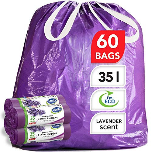 Stella Pack Sacs Poubelle Solides 35l Grande Capacité Ultra Résistants Écologiques Parfum Lavande Fermeture Cordon Recyclables Flexibles Couleur Violette Usage Cuisine et Bureau