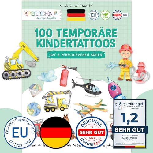Papierdrachen 100 hautfreundliche Kindertattoos - Tattoos mit Berufe - als Geburtstagsmitgebsel & Geschenkidee für Kinder - dermatologisch getestet
