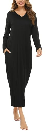 Sykooria Chemise de Nuit Femme Longue Hiver Robe de Nuit Coton Manche Longue avec Poche Peignoir de Bain Taille Grande S-3XL