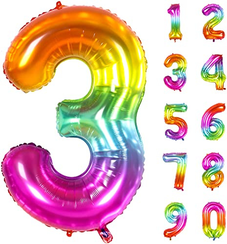 Number Balloon | Number 3 Balloon for 3rd Rainbow Birthday Decorations | Giant Multicolor Mylar 3 Balloon Number - 40 Inch | Big Foil Colorful 3 Birthday Balloon for Anniversary Party Supplies Favors