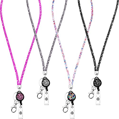 4 Pcs Tour de Cou Porte-Badge Collier Porte-Carte Lanière Porte-Clef en Cristal Bling Cordon Rétractable pour Porte-Clés Cartes d'Identité Bus Métro Étudiant Cadeau pour Femme Infirmière Maîtresse