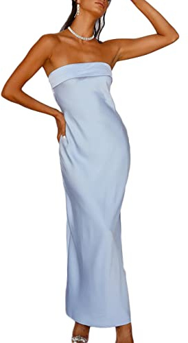 Realtix Summer Satin Strapless Backless Maxi Dress for Women Wedding Guest