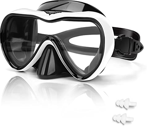 REYMOOK Swimming Goggles, Anti-Fog Diving Mask with Nose Cover, Anti-Leak Silicone Dive for Adult Mask, 180 Degree HD Tempered Glass Swim Snorkeling Earplugs, White (RM-303)