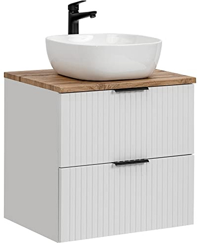 Lomadox Badmöbel Waschtisch Set Unterschrank weiß matt gerillt mit Wotaneiche, Keramik-Waschbecken, 2 Softclose-Schubkästen, B/H/T 60,6/74,2/46,5 cm