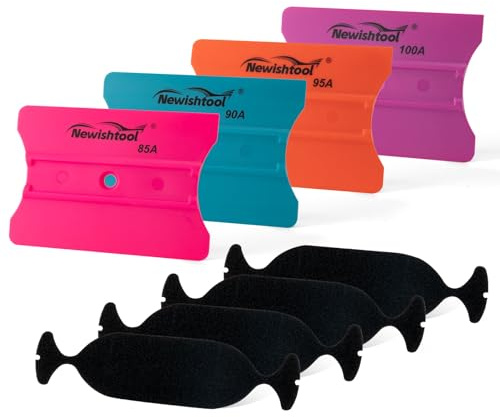 NEWISHTOOL Vinyl Wrap Squeegee with Wing Shaped Blade for Vehicle Wrapping, Sign Marking, Window Film Application, Rounded & Squared Corners in-One 4 Squeegee with Felt, 4-Pack Different Hardness