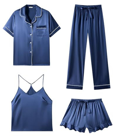 SAPJON Silk Satin 4 Piece Pajamas for Women Set, Camisole Lounge Ruffle Pjs
