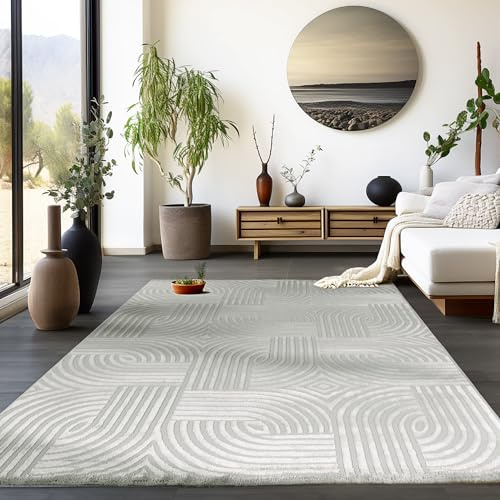 HomebyHome Kurzflor Teppich Wohnzimmer 200x290 cm Grau Modern Skandinavisch Boho Design Einfarbig 3D Effekt Weich Waschbar Pflegeleicht für Schlafzimmer Esszimmer