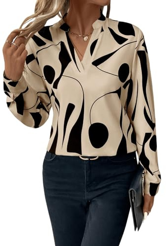 GORGLITTER Bluse Damen Elegant Langarm Blusenshirt V Ausschnitt Bluse Langarmshirt Büro Tunika Tops Khaki L