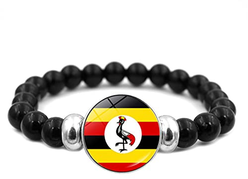 Uganda National Flag Bracelet - Adjustable Chain Black Beaded Charm Bangle, Unique Design Wristband Jewelry Gift Accessories For Men Women,Black,Long:18Cm