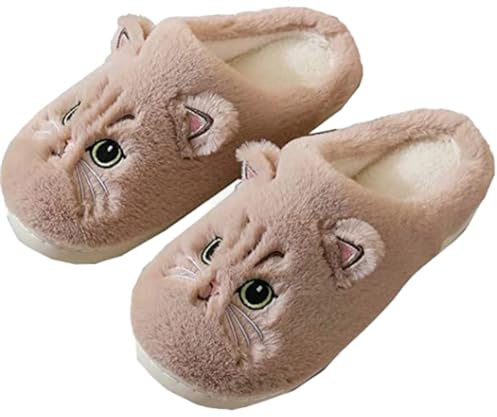ELONEL Cute Cat Slippers - Women's & Men's Non Slip & Warm External Wear Soft Sole Plush Slippers (Light Brown, 6-7, US)