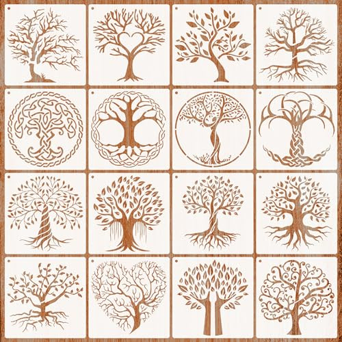 16 Stück Baum des Lebens Schablone, Baum Zeichnungsschablonen Wiederverwendbare DIY Malerei Vorlage Stencil Kit Baumschablone für Wand Möbel Handwerk und Dekorationen (15 x 15 cm)