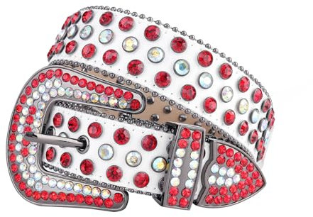 MINGSUN Strass-Gürtel für Herren und Damen, Western-Ledergürtel, funkelnd, Cowgirl-Cowboy-Gürtel mit Diamanten, Nietengürtel für Jeans, 106 Red Multi, fits waist from 27-29