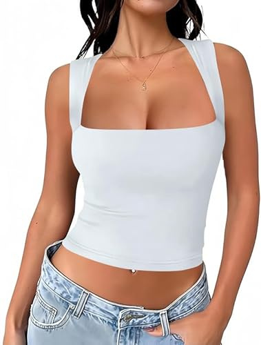 Haibang Canotta Donna Elegante Estive Tank Top Sportiva Sexy Slim Fit Crop Top Senza Maniche Canottiera Corto con Scollo Quadrato Basic Aderente Camicia Casual Elasticizzata Maglietta Moda Y2K Shirt