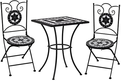 THOYTOUI 3-TLG. Bistro-Set Mosaik Keramik Schwarz und Weiß, Möbelsets Terassenmöbel außen Gartenmöbel Set Lounge Biergartengarnitur Geeignet für Balkon Garten Terrasse Veranda
