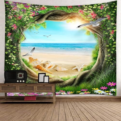 Skcess Wandbehang Grün, Polyester Tapestry Wall Strandmuschel Blumen Baum Landschaft Tapisserie für Wohnzimmer Schlafzimmer Wanddeko Wandteppich 150x150CM