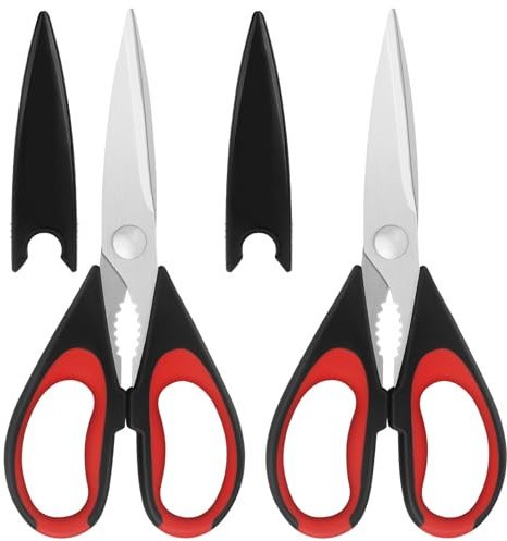 Vutyvve Tijeras de cocina, cuchillas de acero inoxidable, agarre suave, juego de tijeras de cocina multiusos, rojo/negro, juego de 2