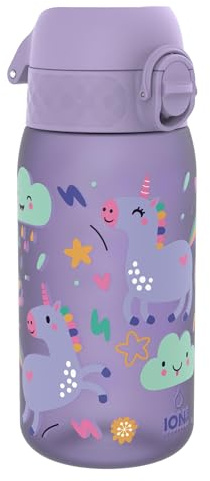 Ion8 Gourde Enfant, 350ml, Anti-Fuite, Facile à Ouvrir, Verrouillage Sécurisé, Lavable en Lave-Vaisselle, Sans BPA, Poignée de Transport, Facile à Nettoyer, Carbone Neutre, Licornes Violet