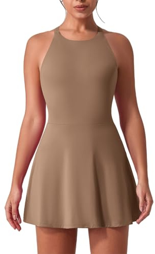 IDOPIP Abito da tennis, da donna, con reggiseno e pantaloncini integrati, tasca sul retro, per lo sport, per il tempo libero, per il fitness, lo sport, marrone, L
